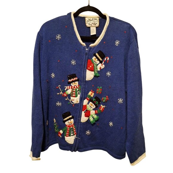 Heirloom Collectibles Snowman Blue Knit Christmas Sweater XL Ramie/Cotton Womens - Picture 1 of 6